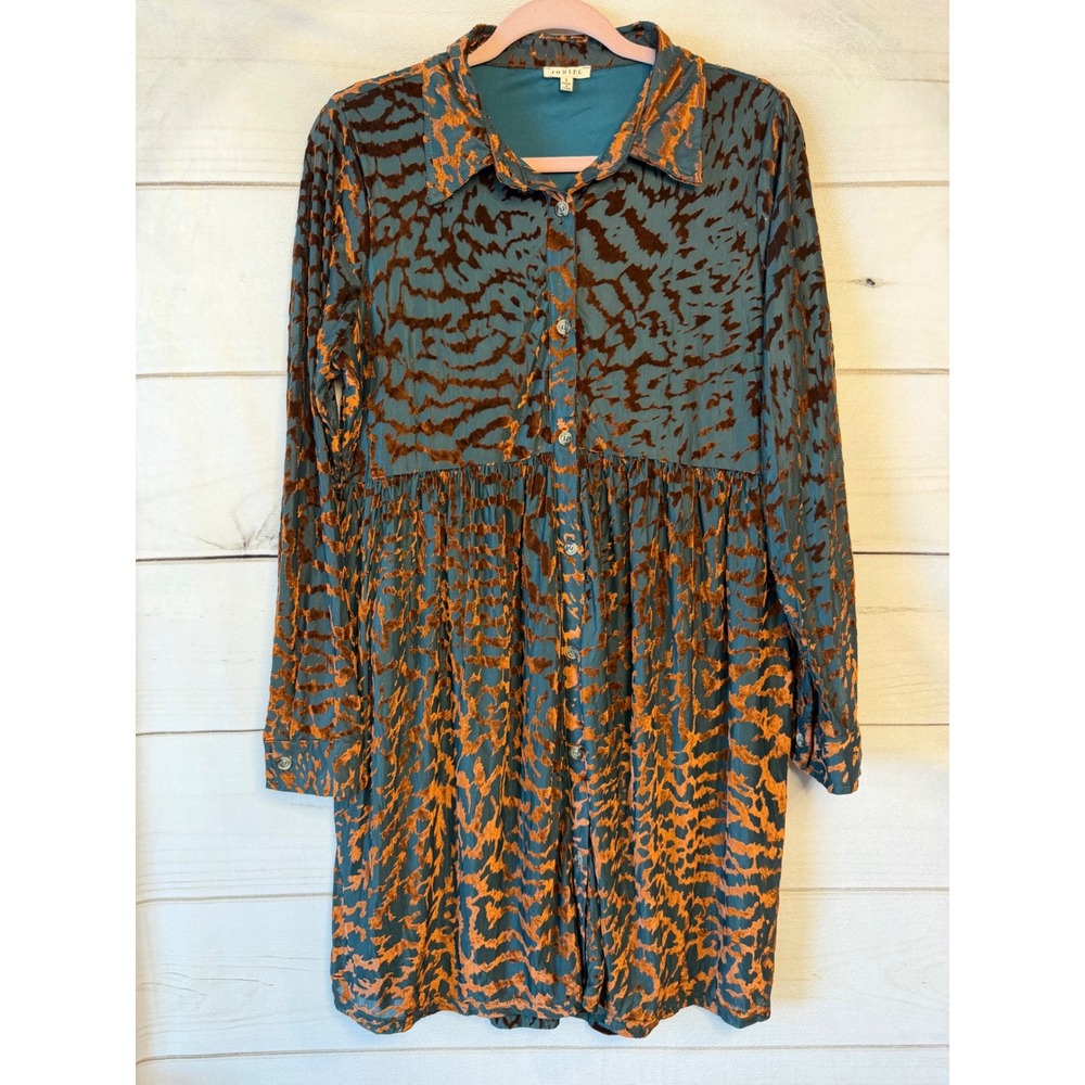 Jodifl Teal Orange Velvet Burnout Animal Print Button Front Mini Dress S G9127-4
